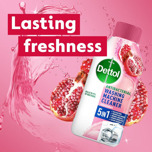 Dettol Pomegranate Washing Machine Cleaner, Antibacterial Liquid, Eliminates Bacteria, Odour, Limescale, Dirt, Pack Of 6 X 250 Ml, Fresh Scent, Deep Clean, Protects Appliance, Easy Use