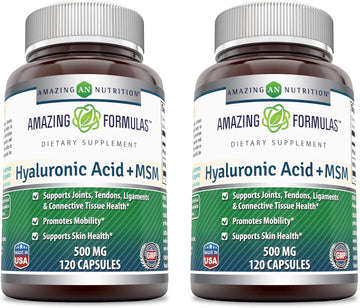 Amazing Formulas Hyaluronic Acid & Msm Dietary Supplement-500 Milligrams-120 Capsules (Non-Gmo, Gluten Free)-Provides Joint, Tendon & Ligament Support - Promotes Exibility (Pack Of 2)