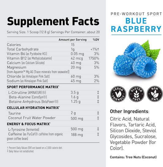 Kaged Sport Pre Workout Powder For Men & Women, Blue Razz, Sport Certified, 188Mg Caffeine, Nitric Oxide Supplement, Beta Alanine For Energy, Weightlifting, Cardio Endurance & Strength, 20 Servings