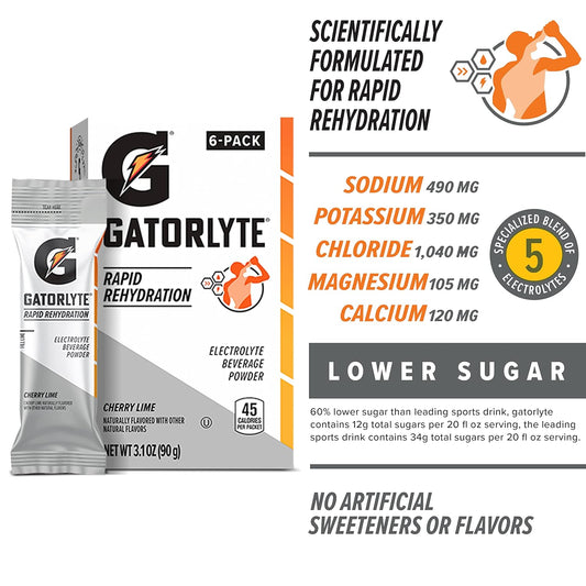 Gatorlyte Rapid Rehydration Electrolyte Beverage, Cherry Lime, Lower Sugar, Specialized Blend Of 5 Electrolytes, No Artificial Sweeteners Or Flavors, Scientifically Formulated For Rapid Rehydration, 48 Pack. 1 Pack Mixes With 16.9Oz (500Ml) Water.