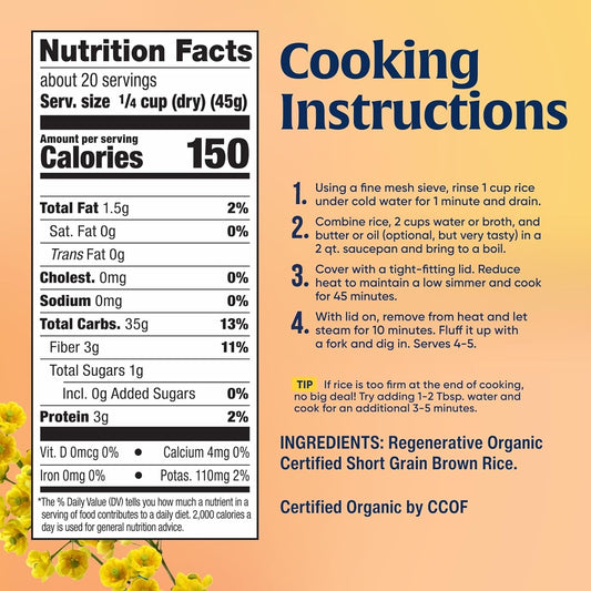 Lundberg Short Grain Brown Rice, Regenerative Organic Certified, 6-Pack – Slightly Nutty, Sticky Rice Responsibly Grown In California, 32 Oz Ea