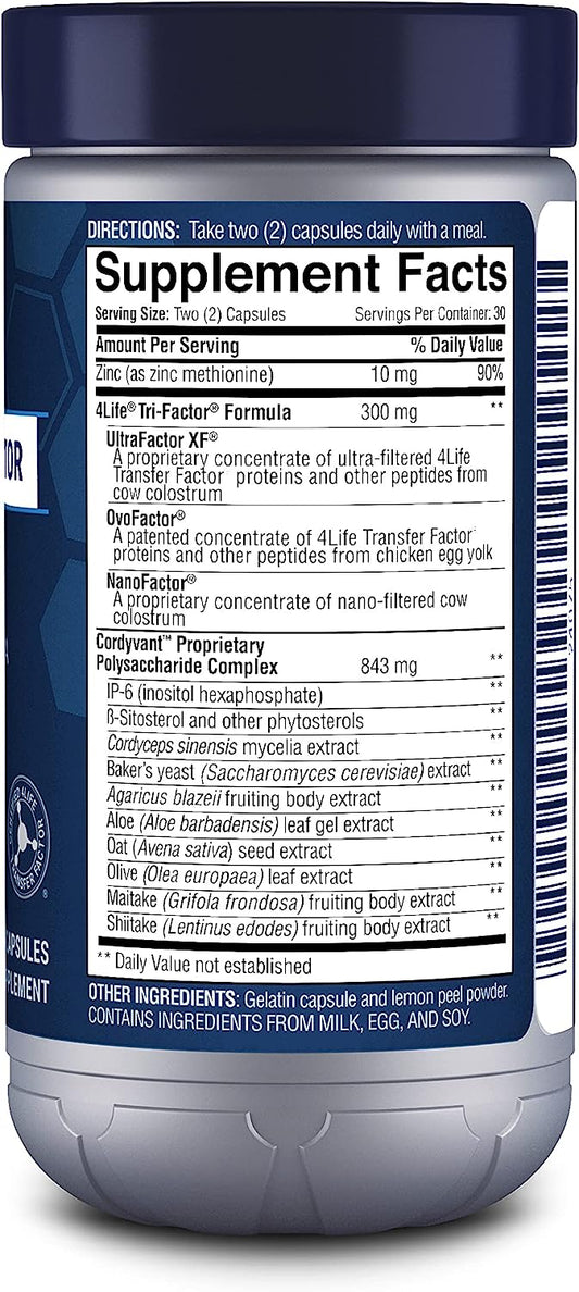 4Life Transfer Factor Plus Tri-Factor Formula - Immune System Support With Zinc, Super Mushroom Blend (Maitake, Shiitake, Agaricus), And Extracts Of Cow Colostrum And Chicken Egg Yolk - 60 Capsules
