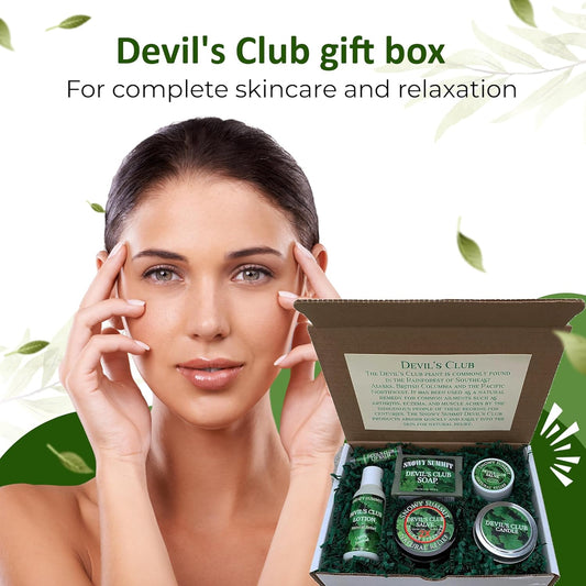 Alaskan Devil'S Club Gift Set - Natural Skincare Collection With Salve, Body Lotion, Lip Balm, Soap & Candle - Handcrafted Beauty Care Package For Skin Care & Gifting