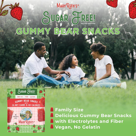 Maryruth Organics Sugar Candy, Sugar-Free Gummy Bears Snack With Electrolytes And Fiber, For Kids And Adults, Strawberry, Vegan, Gluten Free, Non-Gmo, Family Size, 240 Grams, 0.52 Pounds, 8 Pieces