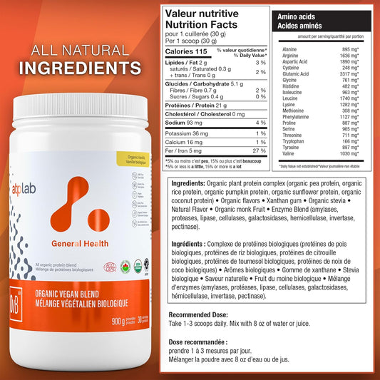 Atp Lab Organic Vegan Blend Powder, 900G 30-Servings - Vanilla Flavour, Gluten-Free And Non-Gmo - A Complex Of Plant-Based Proteins And Mixture Of Enzymes