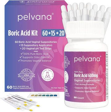 Boric Acid Suppositories For Women 60 + 15 Applicators + 20 Ph Test Strips = 95 Piece Kit For Vaginal Ph Balance, Odor, Itching, & Discharge