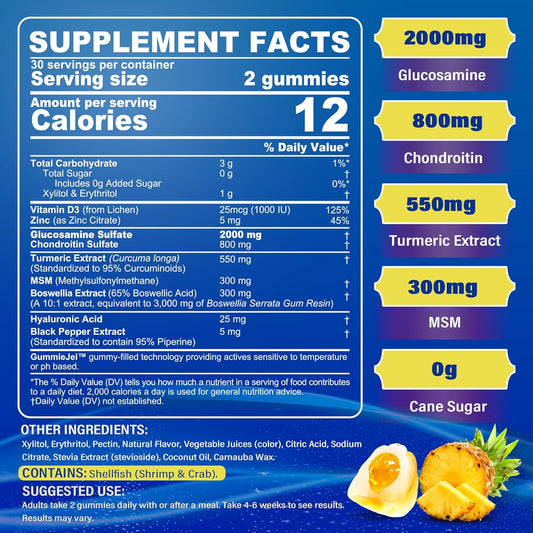 Sugar Free Glucosamine Chondroitin Msm Filled Gummies 3100Mg - Joint Support Supplement - Plus Turmeric, Boswellia, Hyaluronic Acid & Vitamin D3, Mobility, Comfort, Flexibility & Bone Support, 60Cts