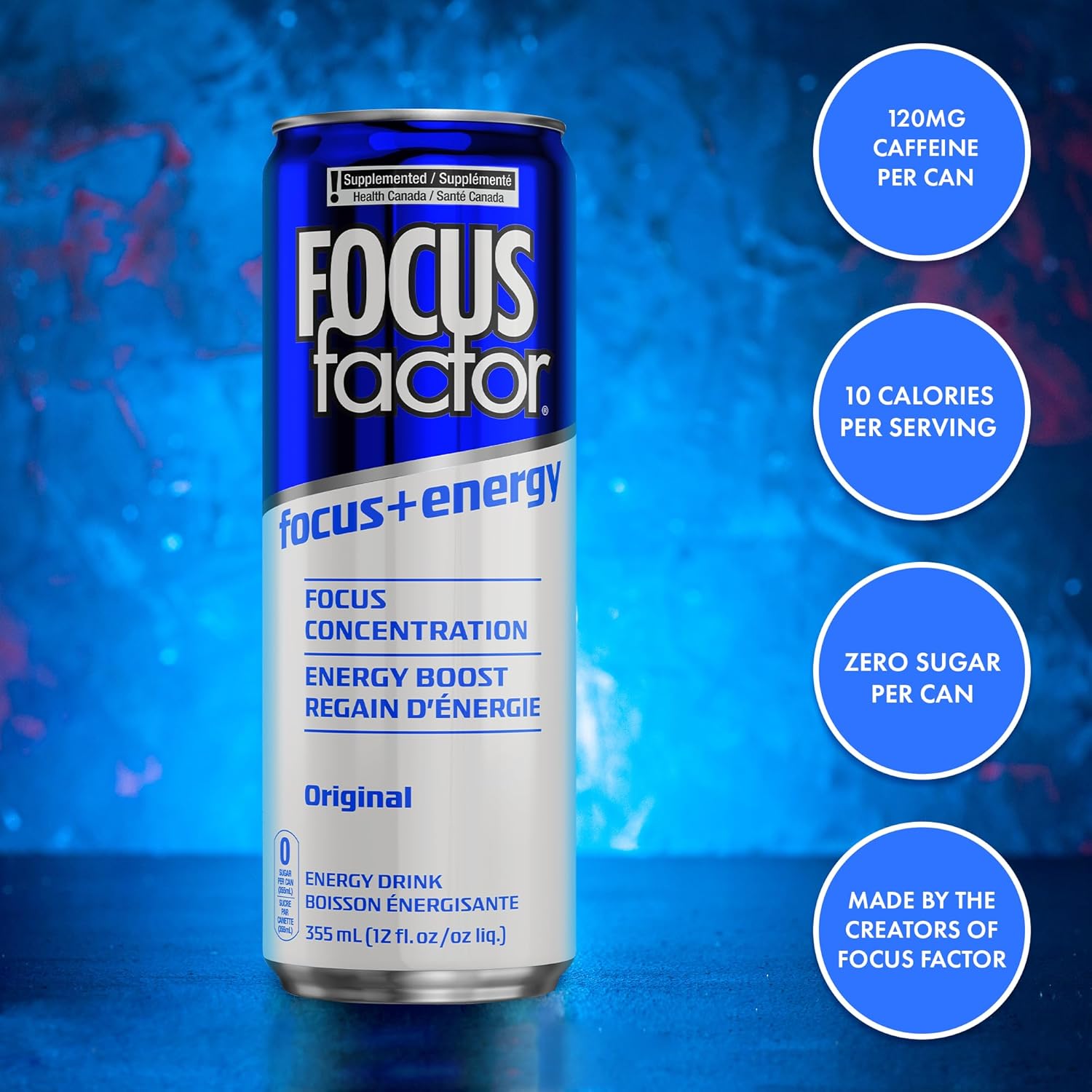 Focus Factor Energy Drink - 12 X 355Ml Cans (Original Flavour) - With Focus + Energy - Lightly Carbonated, Sugar Free, Low Calorie With Vitamin B6 & Vitamin B12 : Grocery & Gourmet Food
