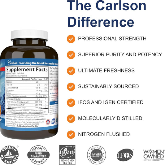 Carlson - The Very Finest Fish Oil, 700 Mg Omega-3S, Norwegian, Wild-Caught Fish Oil, Sustainably Sourced Fish Oil Capsules, Orange, 240 Softgels