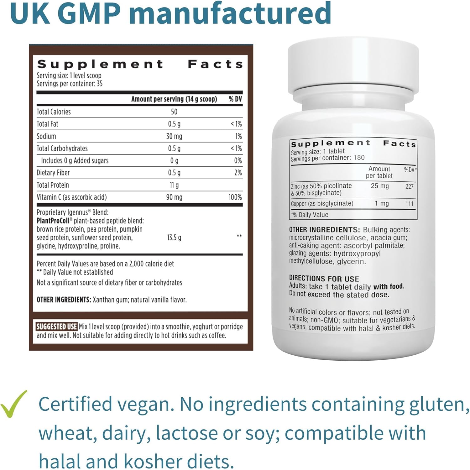 Vegan Vanilla Collagen Protein Powder + Zinc Complex Vegan Bundle for Skin, Hair & Nails. Complete Collagen Boosting Formula + 25mg Chelated Zinc, by Igennus : Health & Household