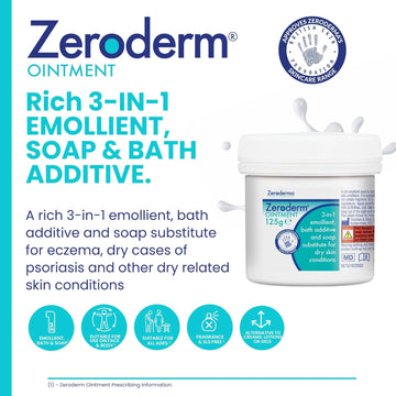 Zeroderma Zeroderm Ointment, Rich 3-In-1 Emollient, Soap Substitute & Bath Additive, For Dry Skin Conditions Such As Eczema, Ichthyosis & Other Dry Skin Conditions. 125G
