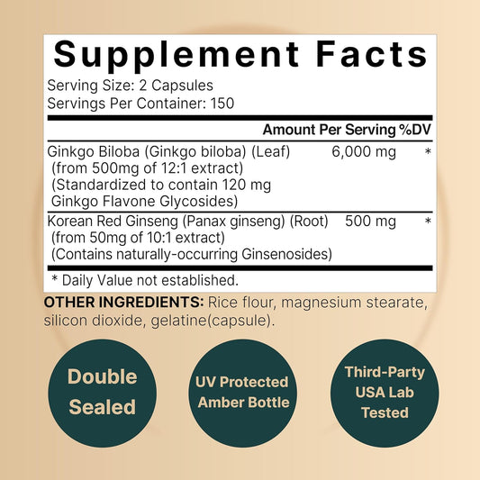 Naturebell Ginkgo Biloba 6,000Mg With Panax Ginseng 500Mg Per Serving | 300 Capsules – Max Strength Ginko Biloba Extract Supplements - Promotes Memory, Focus, And Brain Health