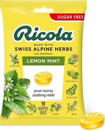 Ricola Sugar Free Lemon Mint Herbal Cough Suppressant Throat Drops, 19Ct Bag