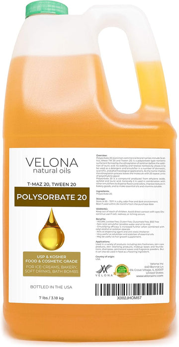 Polysorbate 20 by Velona - 1 Gallon / 128 Fl Oz | Solubilizer, Food & Cosmetic Grade | All Natural for Cooking, Skin Care and Bath Bombs | Use Today - Enjoy Results