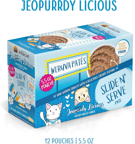 Weruva Wet Cat Food, Jeopurrdy Licious With Chicken Pate, 5.5Oz Slide N Serve Pouch, Pack Of 12