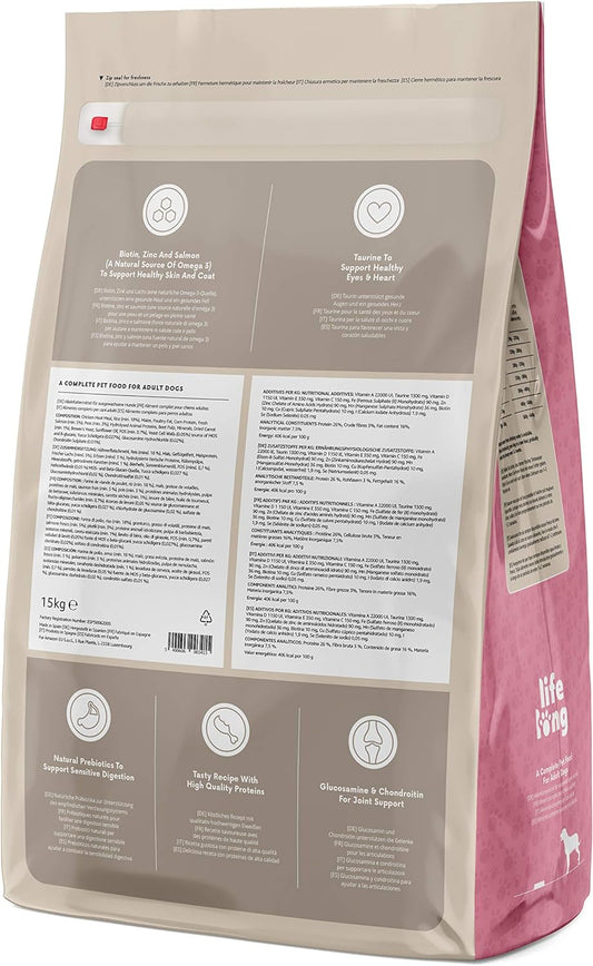 Amazon Brand - Lifelong - Complete Dry Dog Food With Salmon & Rice For Medium And Large Breeds, 1 Pack Of 15KgEsp50062005