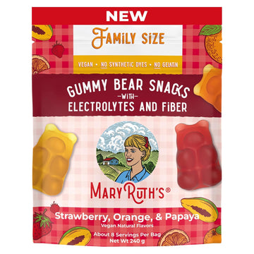 Maryruth Organics Gummy Bears Snack With Electrolytes And Fiber | Fruit Flavored Gummy Candy Pack | Strawberry | Orange | Papaya | Vegan | Gluten Free | Non-Gmo | Family Size | 240G