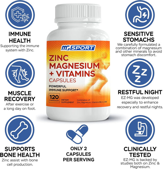 Magnesium Zinc Supplement With Vitamins B6, B9, High Absorption Zinc Magnesium Combination For Immune Support, Muscle Recovery, Ez-Mg Easy On Stomach, 120 Capsules