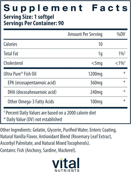 Vital Nutrients Ultra Pure® Fish Oil 700 Enteric Coated | Heart, Brain, Immune Health* | Sustainably Sourced High EPA & DHA Omega-3 Fatty Acid | Vanilla Flavor | Gluten, Dairy, Soy Free | 90 Count