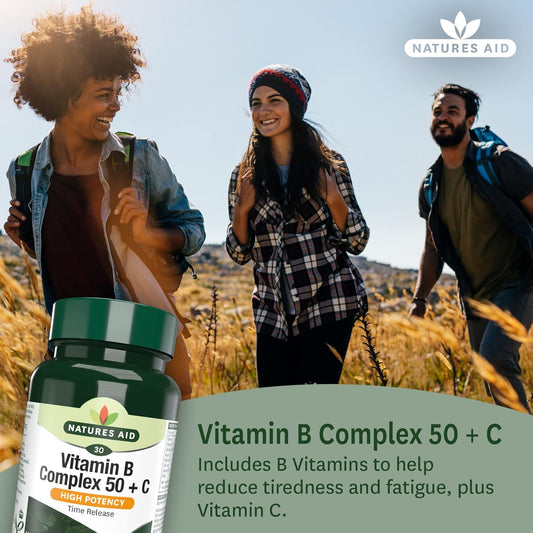 Natures Aid Vitamin B Complex 50 + C - High Strength B Vitamins With Vitamin C - Supports Energy, Nervous System & Immunity, Reduce Tiredness And Fatigue - Vegan, Gluten Free, Non-Gmo - 30 Tablets