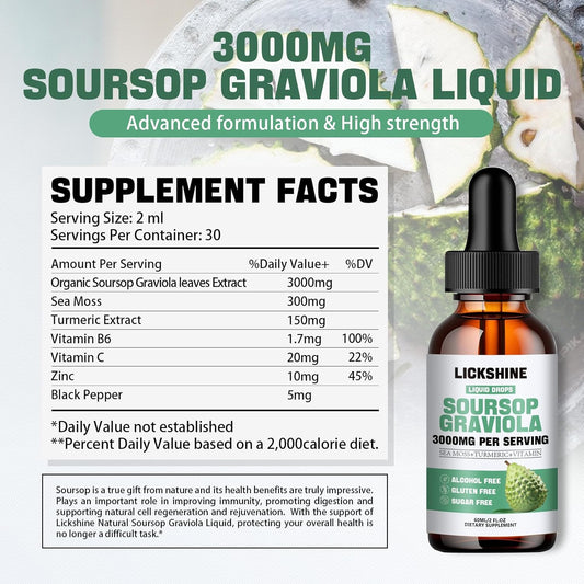 1 Packs 3000Mg Soursop Graviola Liquid Drop For Cell Support &Regeneration, Lmmune, Gut, Antioxidant, Mood, Relax, Liver And Sleep Zzz - Soursop Graviola Leaf Extract, Sea Moss, Turmeric - 2Fl Oz