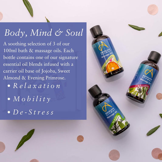 Absolute Aromas Body, Mind & Soul Bath & Massage Oils 3 X 100Ml In Glass Bottles - De-Stress, Mobility And Relaxation Massage Oils