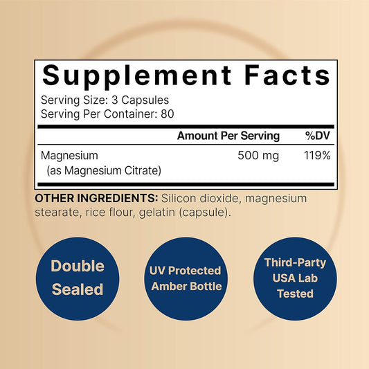 Naturebell 2 Pack Magnesium Citrate 500Mg, 480 Capsules | High Purity Elemental Form – Extra Strength | Essential Mineral For Heart, Muscle, & Digestion Support – Non-Gmo & No Gluten