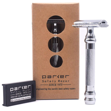 Parker 98R Heavyweight 3-Piece Double Edge Safety Razor – Long Handle, Closed Comb Design For Smooth Wet Shaving, Includes 5 Razor Blades – Iconic Brand In Traditional Shaving