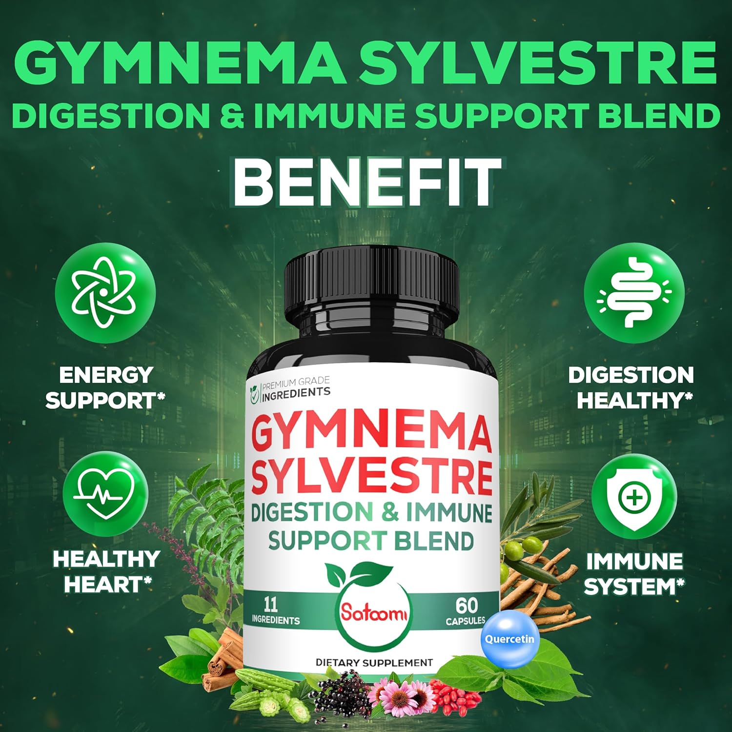 1000Mg Gymnema Sylvestre Supplements - 210 Capsules - Gymnema Extract 20:1 With Berberine Hcl, Quercetin & More - Support For Immune, Digestive Health & Body Management : Health & Household