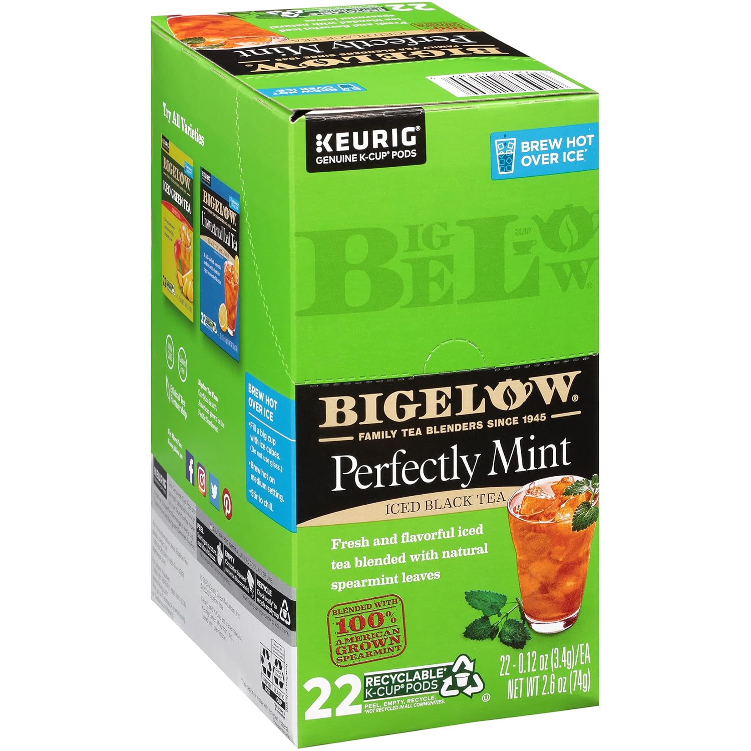 Bigelow Tea Unsweetened Perfectly Mint Iced Tea Keurig K Cup Pods Caf