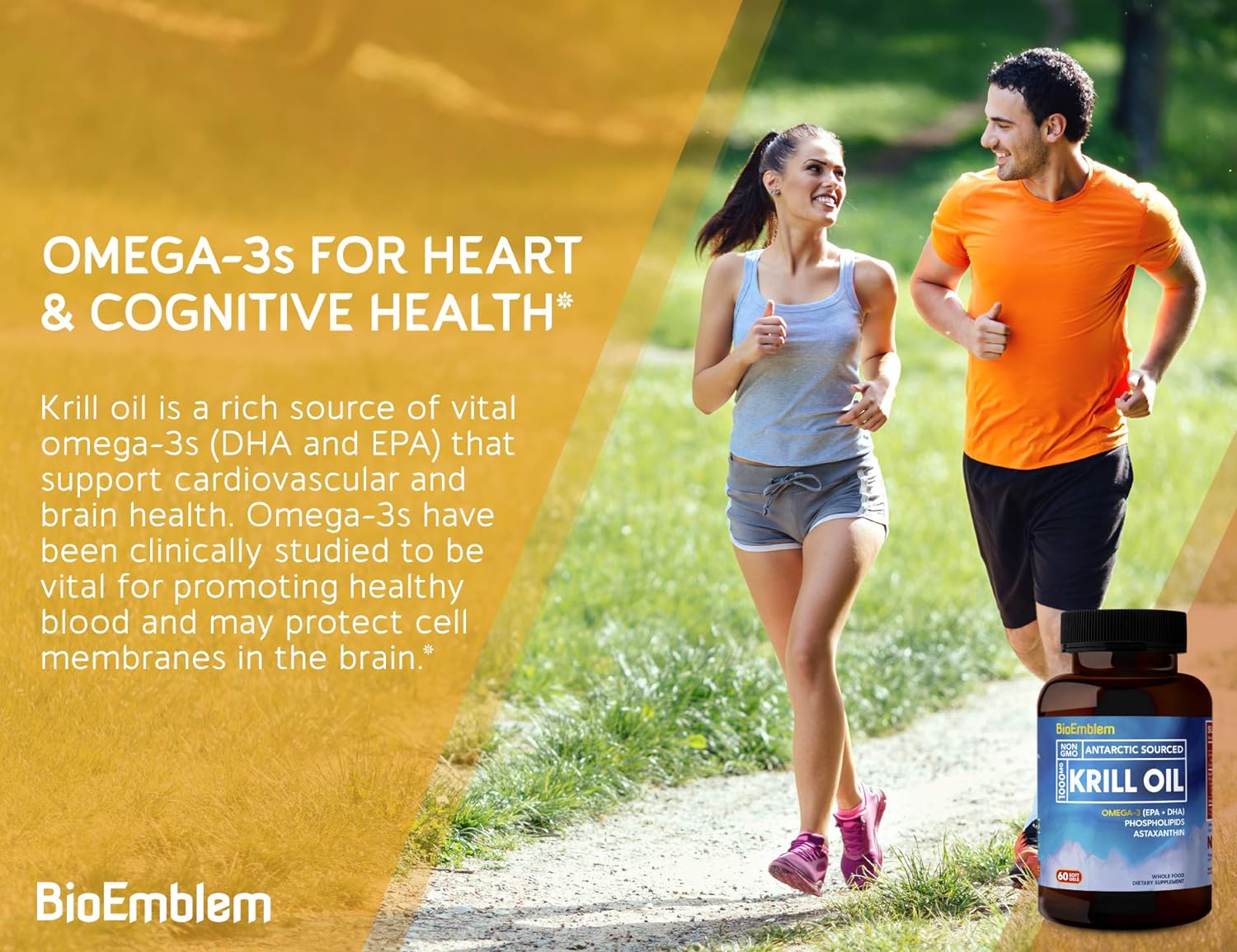 BioEmblem Antarctic Krill Oil Supplement | 1000mg | Omega-3 Oil with High Levels of EPA + DHA, Astaxanthin, and Phospholipids | No Fishy Aftertaste | 60-Count Non-GMO Softgels