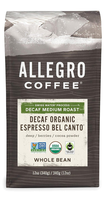 Allegro Coffee Decaf Organic Espresso Bel Canto Whole Bean Coffee, 12 Oz