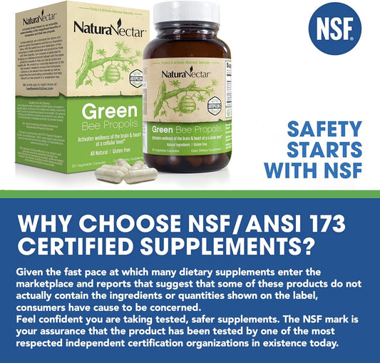 Naturanectar Green Bee Propolis | Nsf Contents Certified | Premium Brazilian Propolis | Care Relief | Ethical Beekeeping & Naturally Sourced | 60 Capsules
