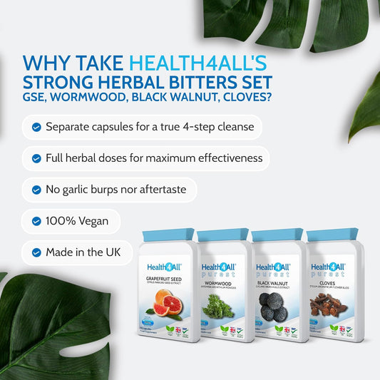 Health4All Strong Intestinal Health Set, Grapefruit Seed Extract, Wormwood, Black Walnut, Cloves, 4X90 360 Capsules, Candida Overgrowth Cleanse & Detox Antifungal Vegan Supplement | Made In Uk