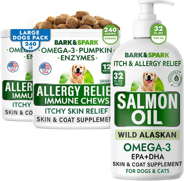 Allergy Relief + Salmon Oil Bundle - Anti-Itch Skin & Coat + Skin & Coat Support - Omega 3 Fish Oil + Epa&Dha Fatty Acid - Itching&Paw Licking + Immune & Heart Health - 240 Chews + 32Oz - Made In Usa