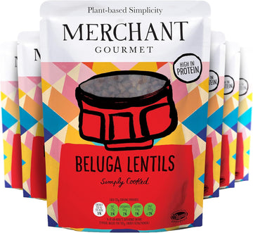 Merchant Gourmet Simply Cooked Beluga Lentils - High In Protein, Low Fat, Source Of Fibre & Vegan - Pack Of 6 X 250G Ready-To-Eat Pouches