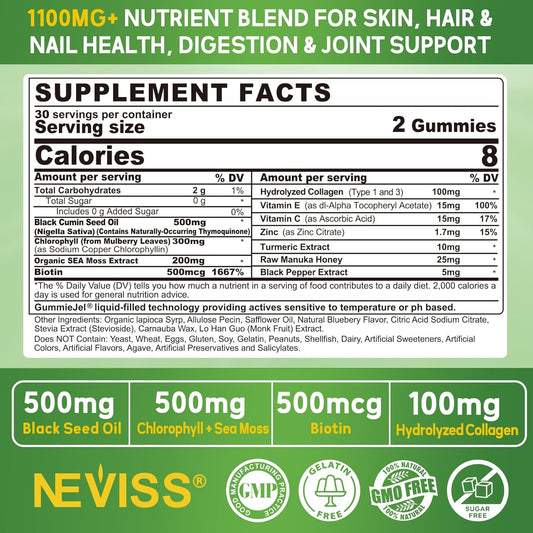 Neviss Black Seed Oil Gummies, Chlorophyll & Sea Moss Supplement 500Mg, Biotin 500Mcg With Hydrolyzed Collagen For Skin, Hair & Nails Health, Digestion, Joint, Organic Cold Pressed - High Absorption