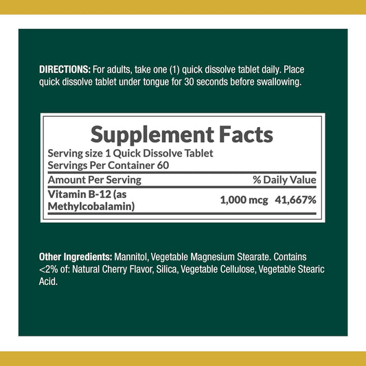 Nature'S Bounty Vitamin B12, Supports Energy Metabolism And Nervous System Health, 1000Mcg, 60 Quick Dissolve Tablets
