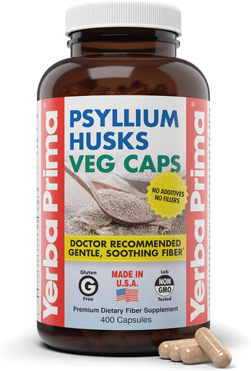 Yerba Prima Psyllium Husks Veg Caps, 400 Capsules (625Mg) - Vegan, Non-Gmo, Gluten Free, Colon Cleanser, Daily Fiber Supplement For Gut Health & Regularity