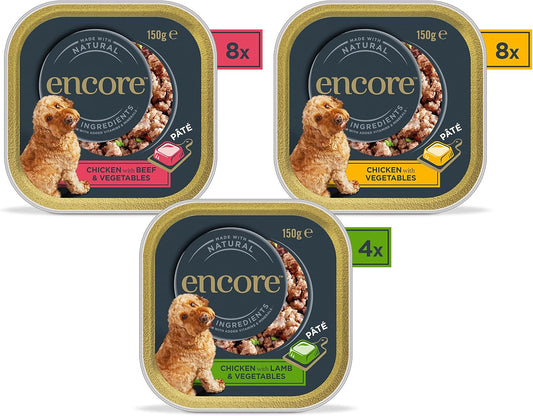 Encore Complete Wet Dog Food, Chicken, Lamb, Beef Pate Selection In 150G Trays (Pack Of 20 Trays)