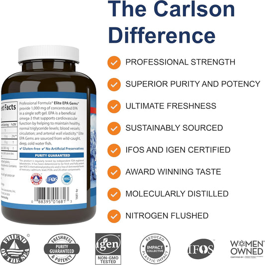 Carlson - Elite Epa Gems, 1000 Mg Epa Fish Oil, Wild-Caught, Norwegian Fish Oil, Sustainably Sourced, Helps Maintain Healthy Triglyceride Levels, 120 Softgels