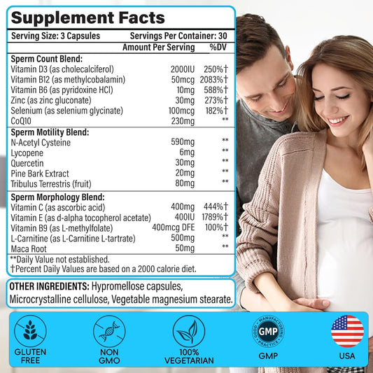 Male Fertility Supplements, Advanced Fertility Supplement For Men Optimal Sperm Count Motility & T-Level With Maca Root, Tribulus Terrestris, Zinc, Coq10, Pre Conception For Him, 90 Caps