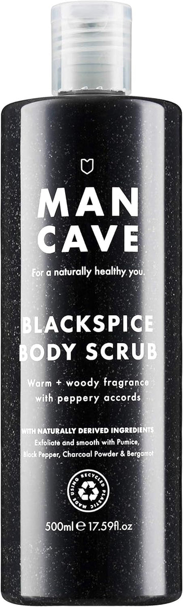 Mancave Blackspice Body Scrub 500Ml For Men, Warm & Woody Aroma, Exfoliate & Cleanse Skin With Pumice And Charcoal Powder Scrub, Natural Formulation, Vegan Friendly, Made In England