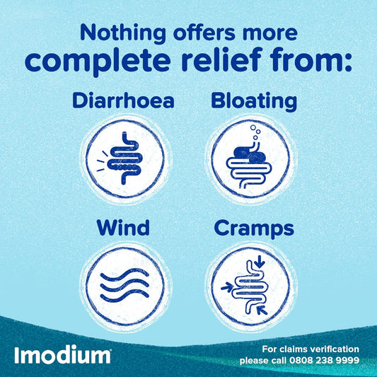 Imodium Dual Action, Relief From Diarrhoea Plus Painful Cramping Bloating Wind, Blue, 6 Tablets (Pack Of 1)