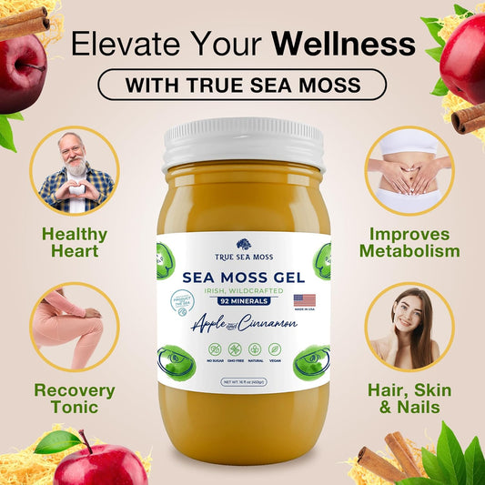 Trueseamoss Wildcrafted Irish Sea Moss Gel - Made With Dried Seaweed - Seamoss, Vegan-Friendly, Antioxidant Supports Thyroid & Digestion - Made In Usa (Apple/Cinnamon, Pack Of 1)