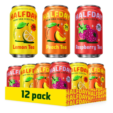 Halfday Prebiotic Iced Tea Lemon, Peach & Raspberry Variety Pack, Supports Digestive & Gut Health, Plant Fiber & Prebiotics, Low Sugar, 35 Calories, Natural Caffeine, Gluten Free, 12 Fl Oz (12 Pack) Packaging May Vary
