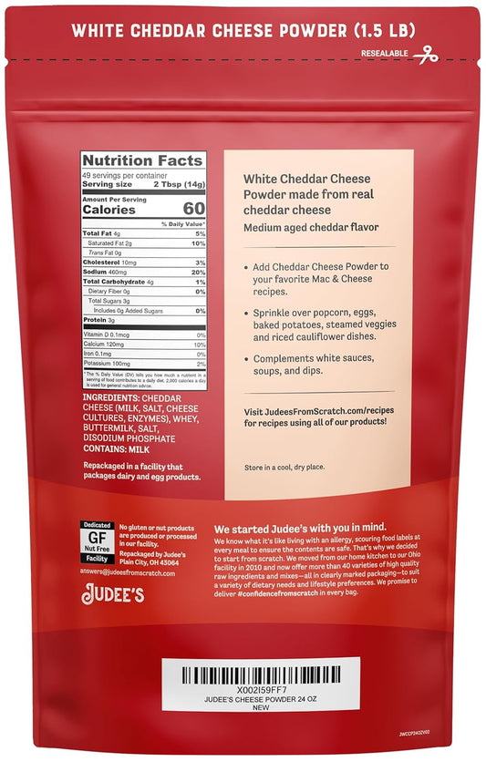 JudeeāS White Cheddar Cheese Powder 1.5Lb (24Oz) - 100% Non-Gmo, Rbst Hormone-Free - Gluten-Free & Nut-Free - Made From Real Cheddar Cheese - Made In Usa - Great In Dips, Sauces, And Baked Goods