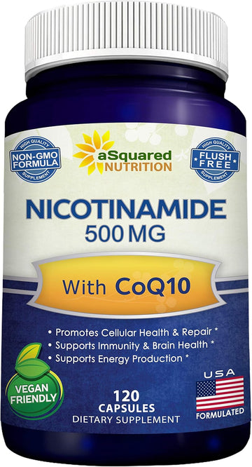 Nicotinamide With Coq10 (120 Capsules) - Vitamin B3 500Mg (Niacinamide Flush Free) - Coenzyme Q10 Powder - Vit B-3 & Coq 10 Supplement Pills To Support Energy, Nad, & Skin Cell Health