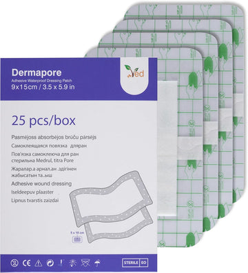 Ved Dermapore Waterproof Adhesive Wound Dressing- Suitable For Cuts And Grazes, Diabetic Leg Ulcers, Venous Leg Ulcers, Small Pressure Sores- Medium, 9 X 20Cm (Pack Of 25)