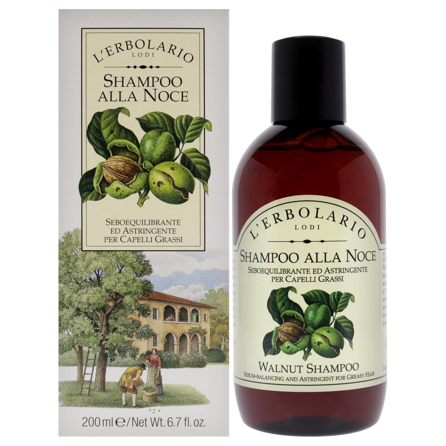 L'Erbolario Walnut Shampoo - Clarifying Shampoo For Men And Women - Astringent For Oily Hair And Scalp - Cleanses, Adds Volume And Shine - 6.7 Oz